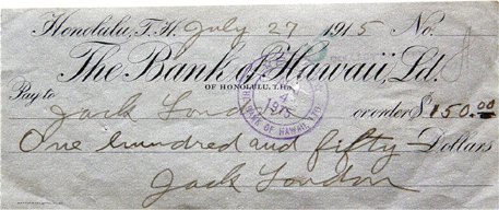 «Jack London Bank of Hawaii signed check, type 2»